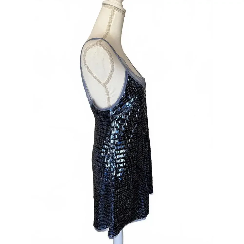 Free People Blue Sequin Party Dress with Sheer Mesh Detail, Small